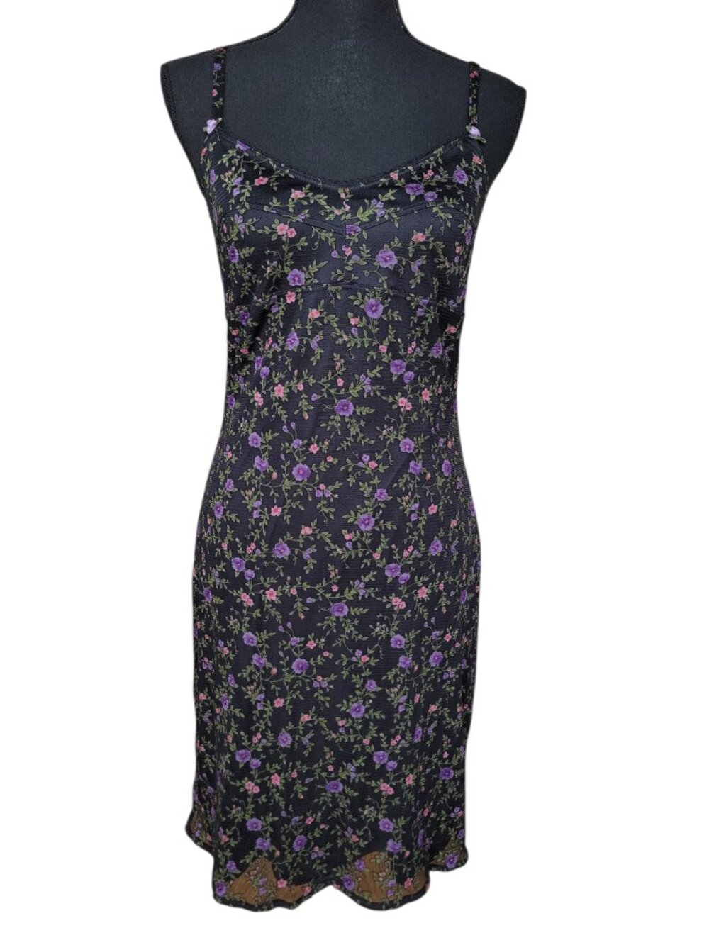 La Belle Vintage Black and Purple Floral Slip Dress Women's Size L
